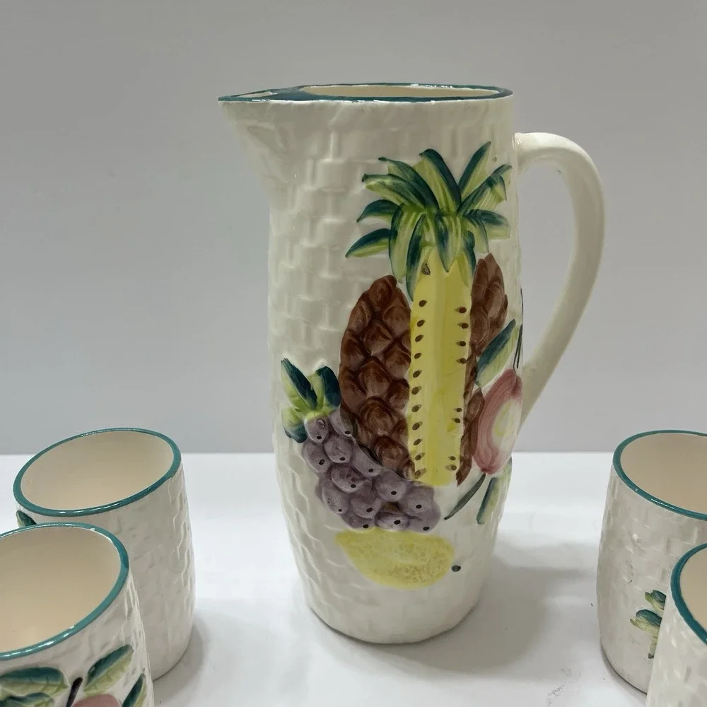 Vintage Hand-Painted Ceramic Picture Basket Weave Tropical Fruit 5 Tumblers
